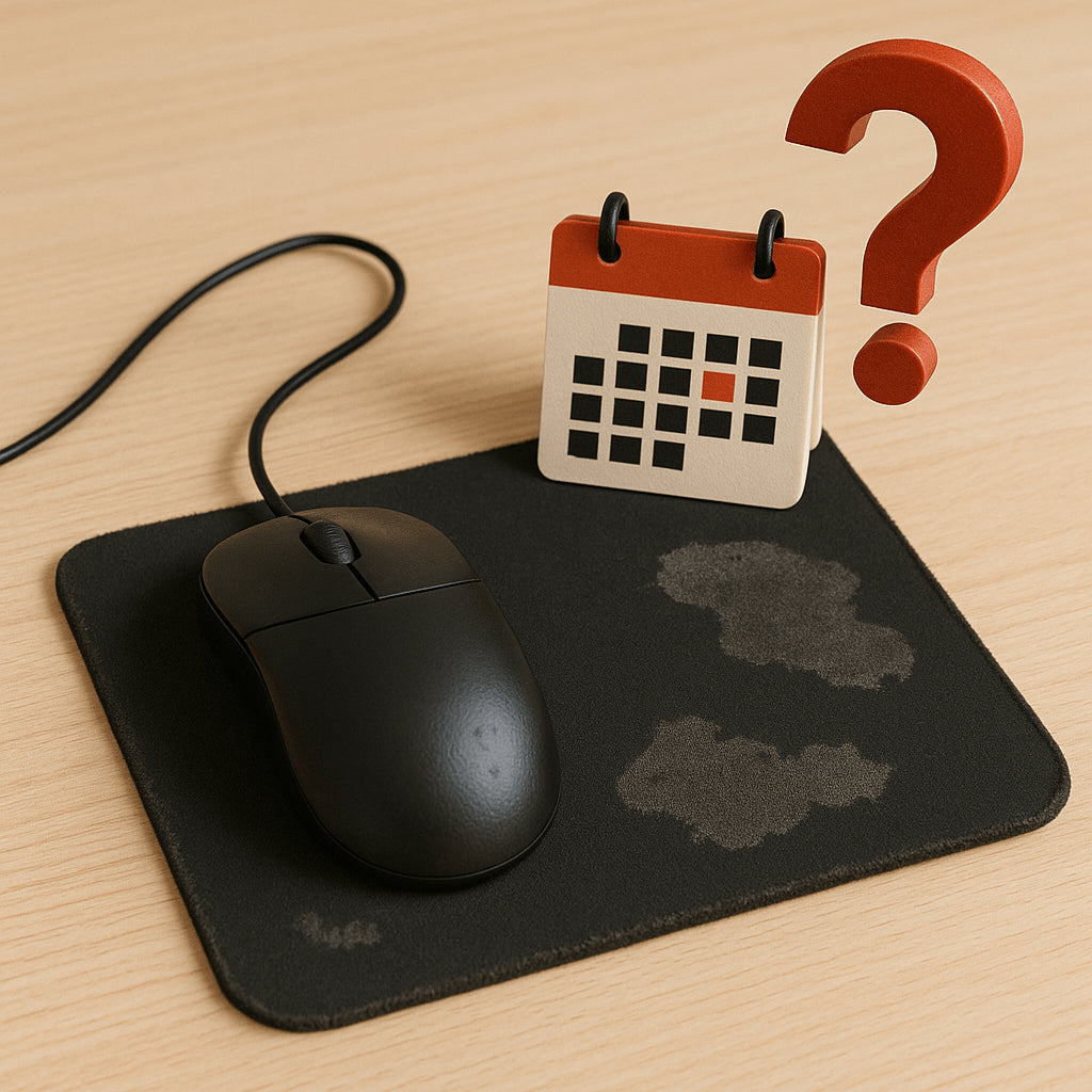 Worn black mouse pad with faded spots on desk