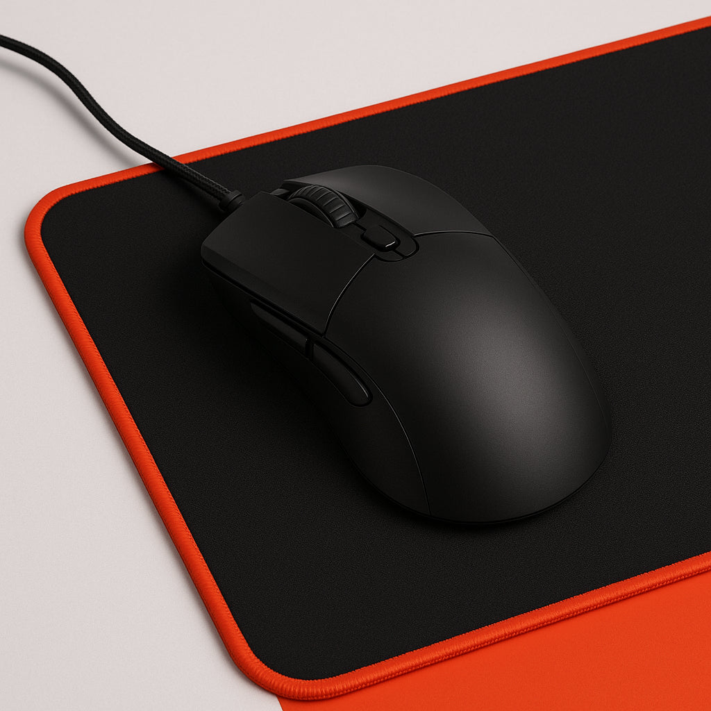 High-performance black gaming mouse on stitched mousepad with red edge