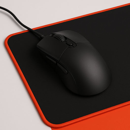 High-performance black gaming mouse on stitched mousepad with red edge