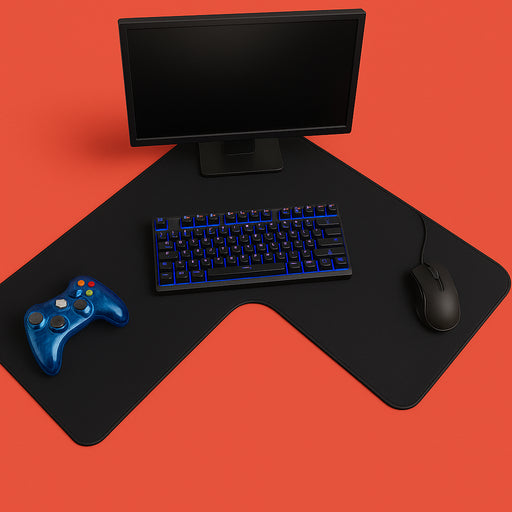 L-shaped XXL gaming mousepad with RGB keyboard and gaming setup on red desk