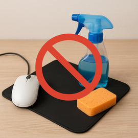 Mousepad with sponge and spray bottle showing unsafe cleaning