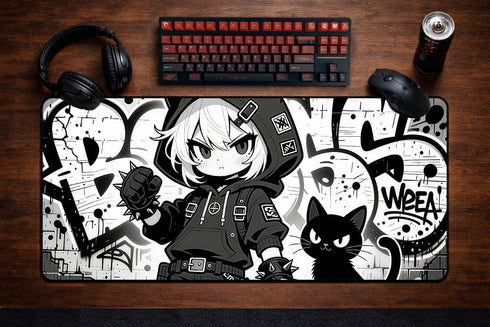 Skelly Girl desk mat with black and white skeleton girl design