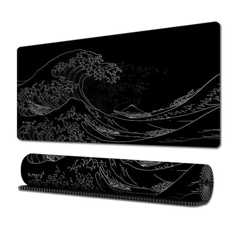 Kanagawa Wave muismat in zwart-wit stijl – iconische Japanse golfillustratie op XXL formaat