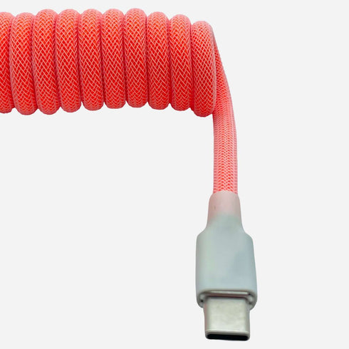 USB-C to USB-A premium pink coiled keyboard cable close-up