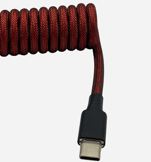 USB-C to USB-A premium red coiled keyboard cable close-up