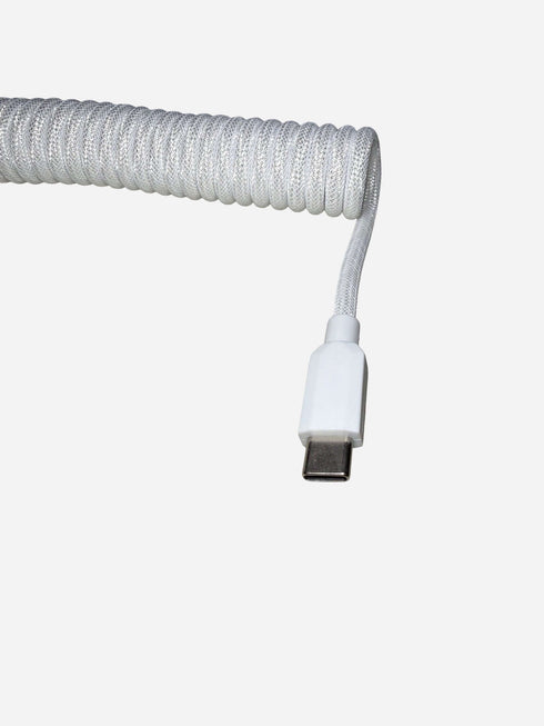 USB-C to USB-A premium white coiled keyboard cable close-up