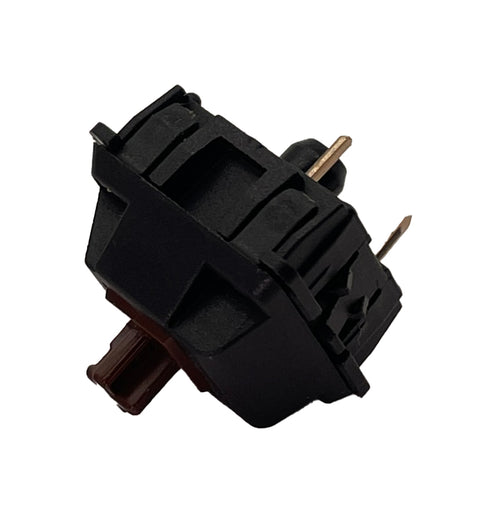 Schuin zijaanzicht van de Cherry MX1A Brown switch met zichtbare bruine stem en pinnen