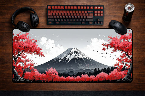 Fuji Blossom Red desk mat with Japanese mountain design
