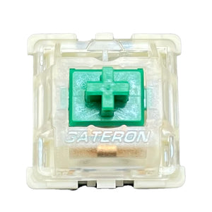 Vooraanzicht van de Gateron KS-9 Green switch met een transparante behuizing en groene stem.