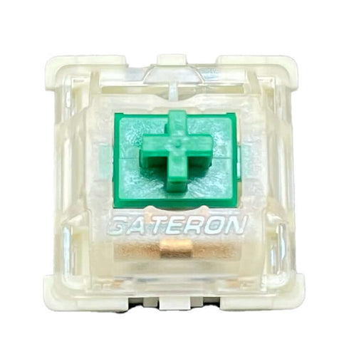 Vooraanzicht van de Gateron KS-9 Green switch met een transparante behuizing en groene stem.
