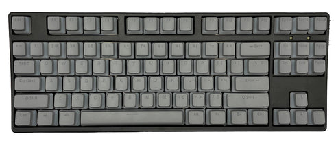 Grijze pudding keycaps op mechanisch toetsenbord met OEM-profiel – QWERTY-indeling