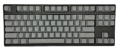 Grijze pudding keycaps op mechanisch toetsenbord met OEM-profiel – QWERTY-indeling