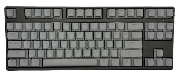 Grijze pudding keycaps op mechanisch toetsenbord met OEM-profiel – QWERTY-indeling