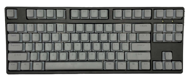 Grijze pudding keycaps op mechanisch toetsenbord met OEM-profiel – QWERTY-indeling