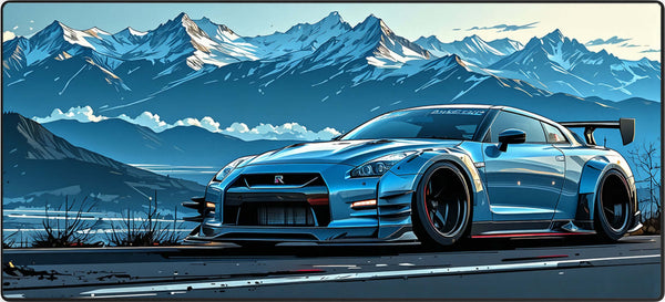 Japanse auto muismat met sportwagen en berglandschap op achtergrond – XXL formaat voor gaming en werk