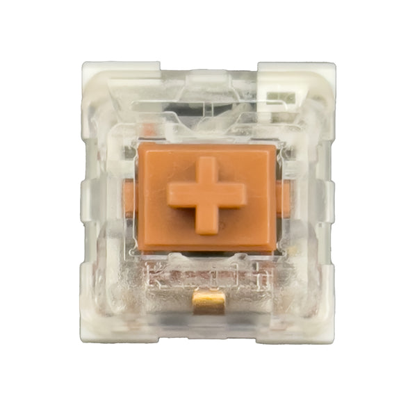 Kailh Speed Bronze switch – bovenaanzicht met transparante bovenkant en koperkleurige stem