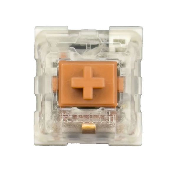 Kailh Speed Bronze switch – bovenaanzicht met transparante bovenkant en koperkleurige stem