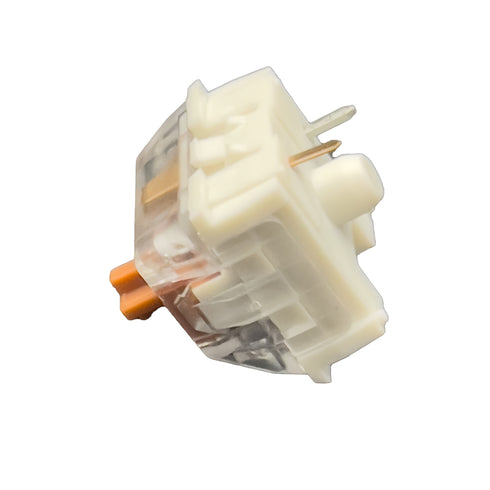 Kailh Speed Bronze switch – schuine zijaanzicht met zichtbare pinnen en koperen stem