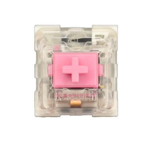 Top view of a Kailh Speed Pink mechanical switch showing the pink cross stem in a transparent housing.