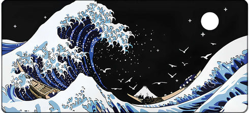 Muismat met Hokusai's Kanagawa Wave in nachtelijk thema met maan, vogels en diepblauwe golven