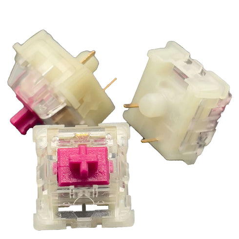 Drie KTT Red Wine switches in verschillende posities – roze stem en transparante behuizing
