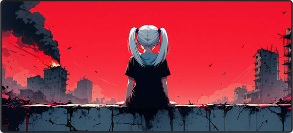 Lone Survivor muismat met anime meisje en verwoeste stad in rode lucht – dramatisch en sfeervol gaming design