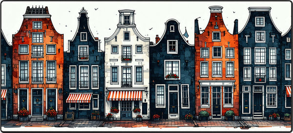 Muismat met illustratie van klassieke Amsterdamse grachtenpanden – vintage stadsgezicht in warme kleuren